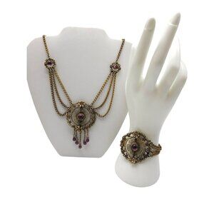 Czechoslovakia Art Nouveau Purple Glass Festoon Necklace Bracelet Brass Set